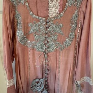 Elegant Pink Embroidered Midi Dress. Pakistani 3 pieces.